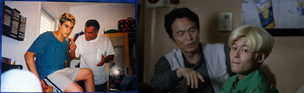 Left: The director at 20, with their father, photographed by their brother, 1998
Right: A still image from "The Cage", with actors Kiha Kwon and Lee Yang-hee